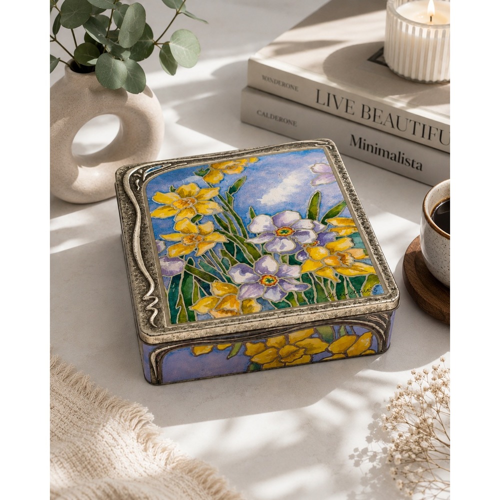 Churchills Confectionery Daffodils Tin Art Nouveau Keepsake Box Made in UK